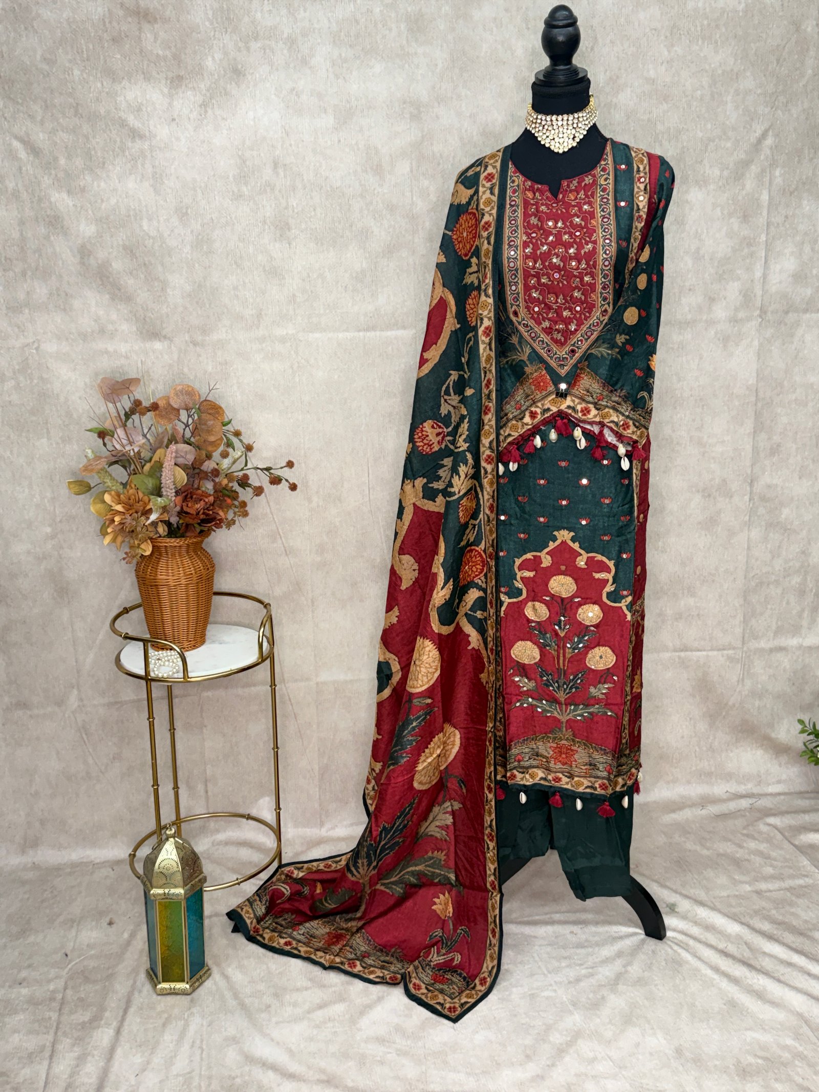 Dark Green & Maroon Floral 3-Piece Suit Set